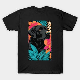 Black Labrador Retriever Dog Vibrant Tropical Flower Tall Retro Vintage Digital Pop Art Portrait 2 T-Shirt
